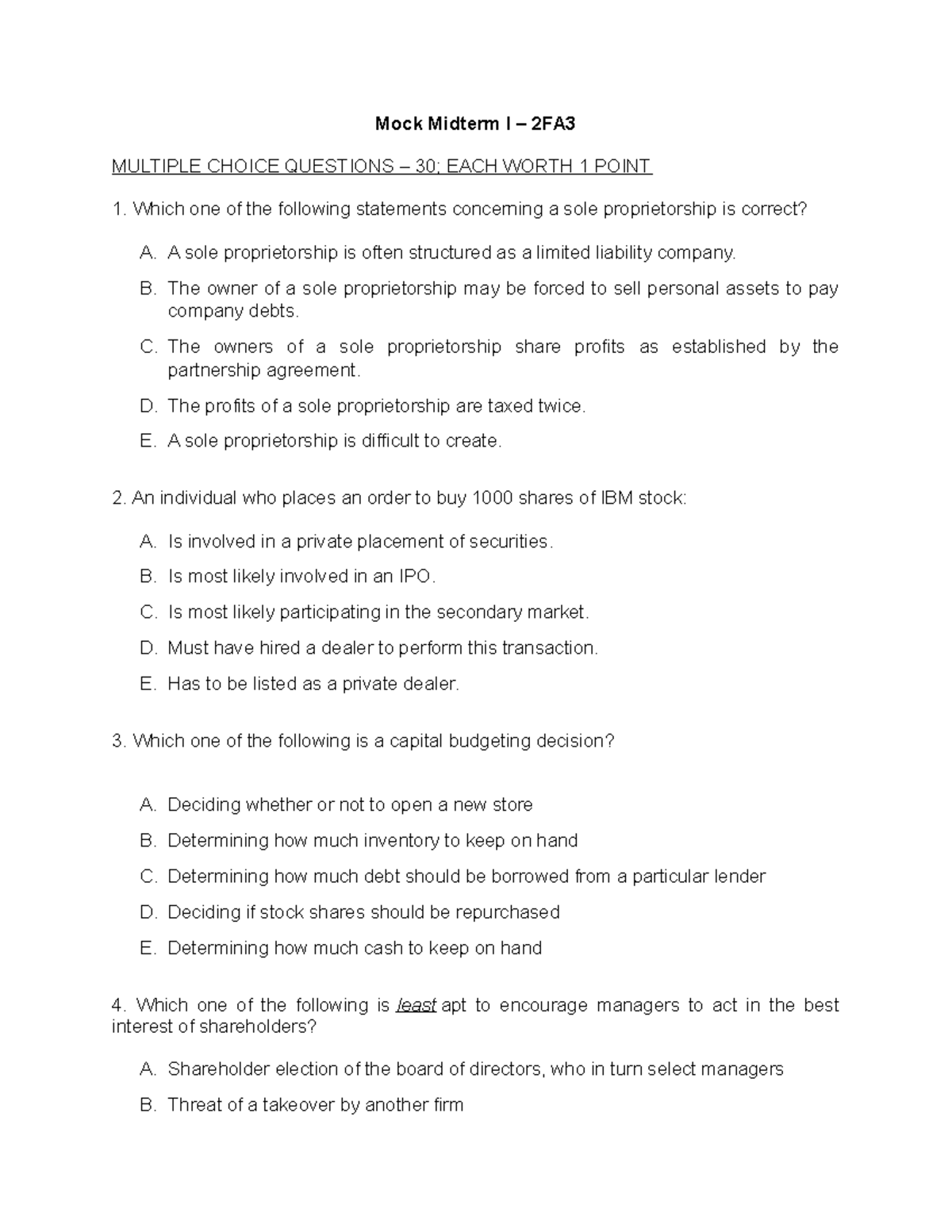 Midterm 2020, questions and answers - Mock Midterm I – 2FA MULTIPLE ...