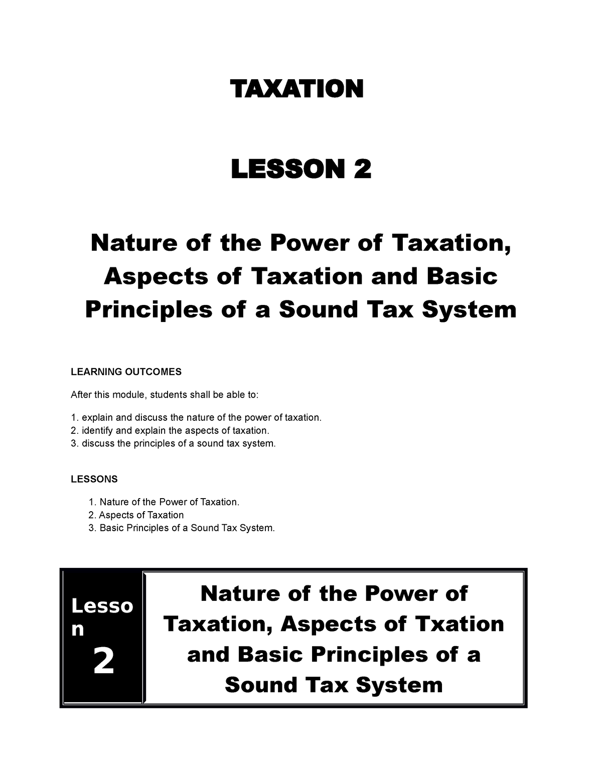 Nature of the Power of Taxation, Aspects of Taxation and Basic