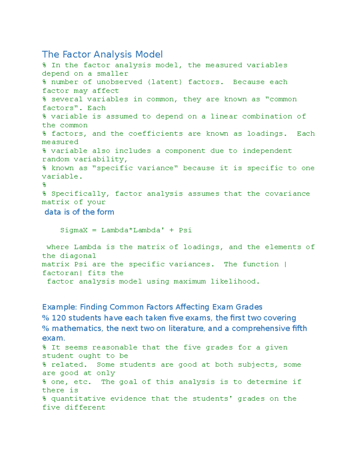 FA Matlab - The Factor Analysis Model % In the factor analysis model ...