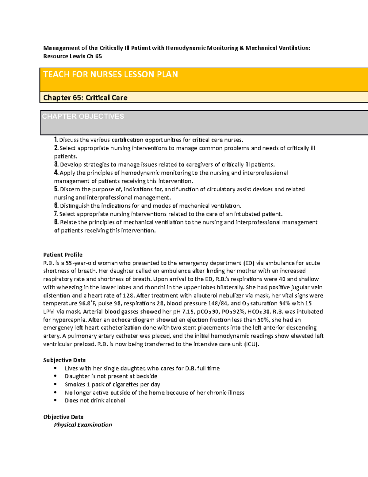 Ch Case Study Hemodynamic Vent Questions Management Of The