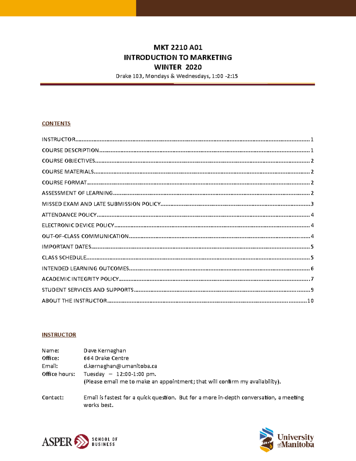 MKT2210A01WIN20 - MKT2210 Course Outline for Winter 2020 - MKT 2210 A ...