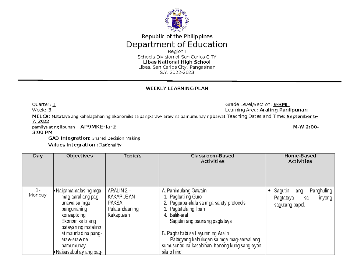 WLP-APAN9-Q1 WEEK 3 - Bzjjz - Republic of the Philippines Department of ...