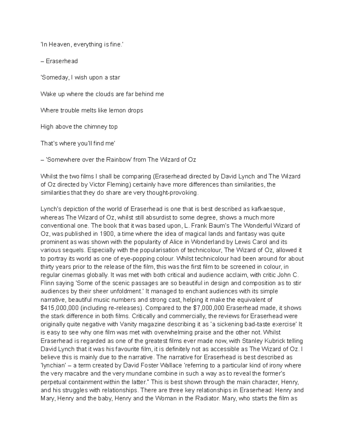 Comparing the Narrative and Themes of Eraserhead and The Wizard of Oz