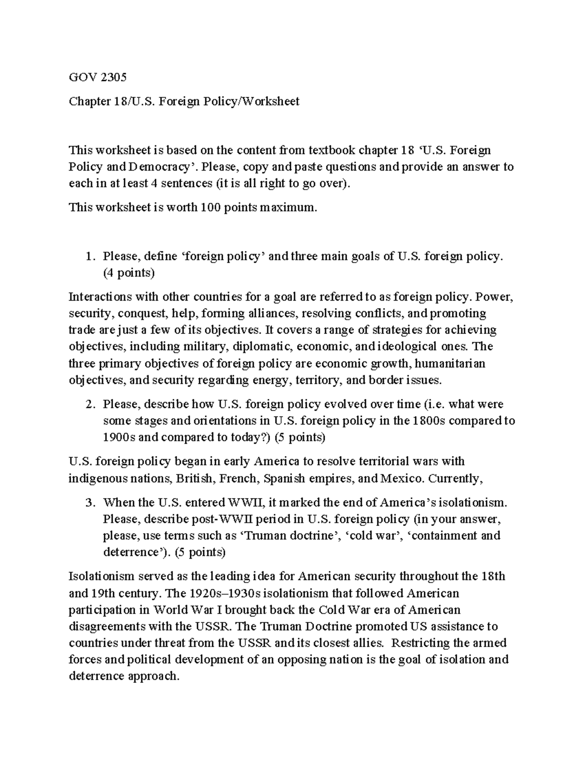 GOV 2305 chapter 18 foreign policy worksheet-online - GOV 2305 Chapter ...