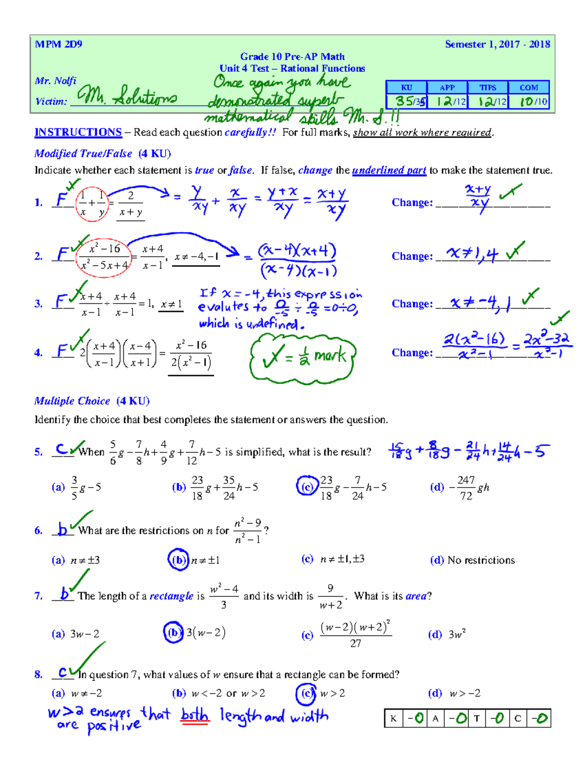2017-11-15-Solutions-Unit 4 - Rational Functions - Major Test - MPM 2 ...