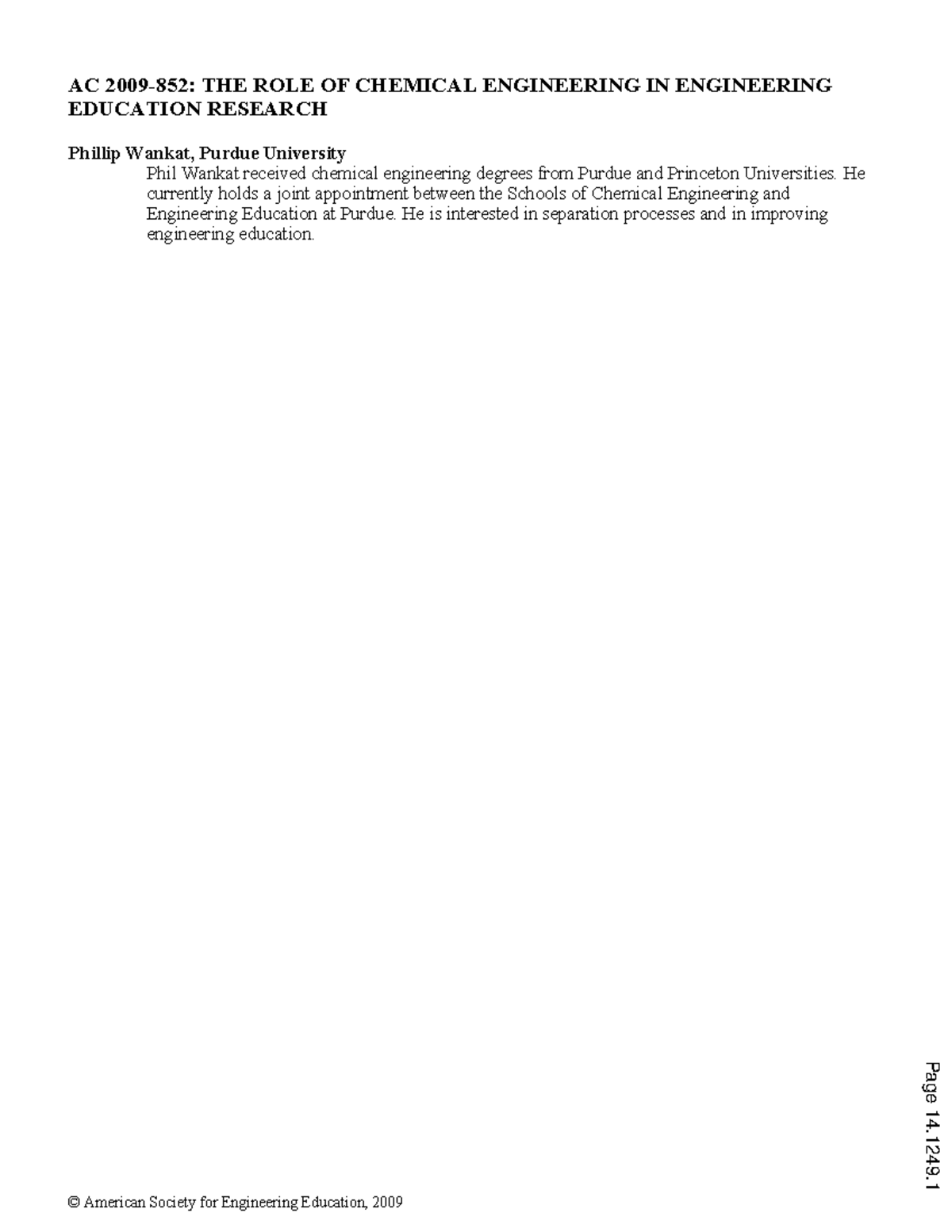 The Role Of Chemical Engineering In Engineering Education Research AC