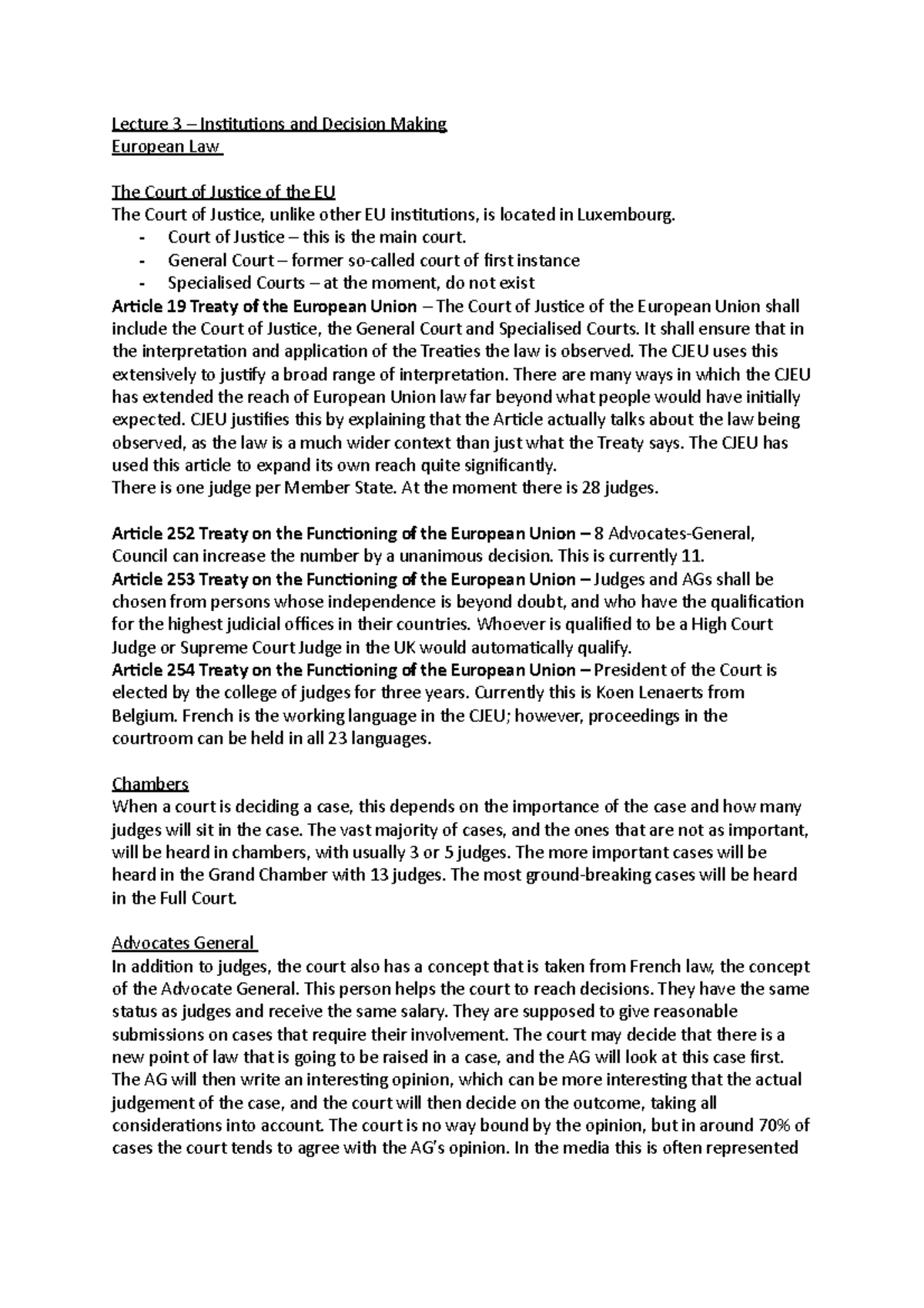 Lecture 3 - CJEU - European Law Notes - Lecture 3 – Institutions and ...