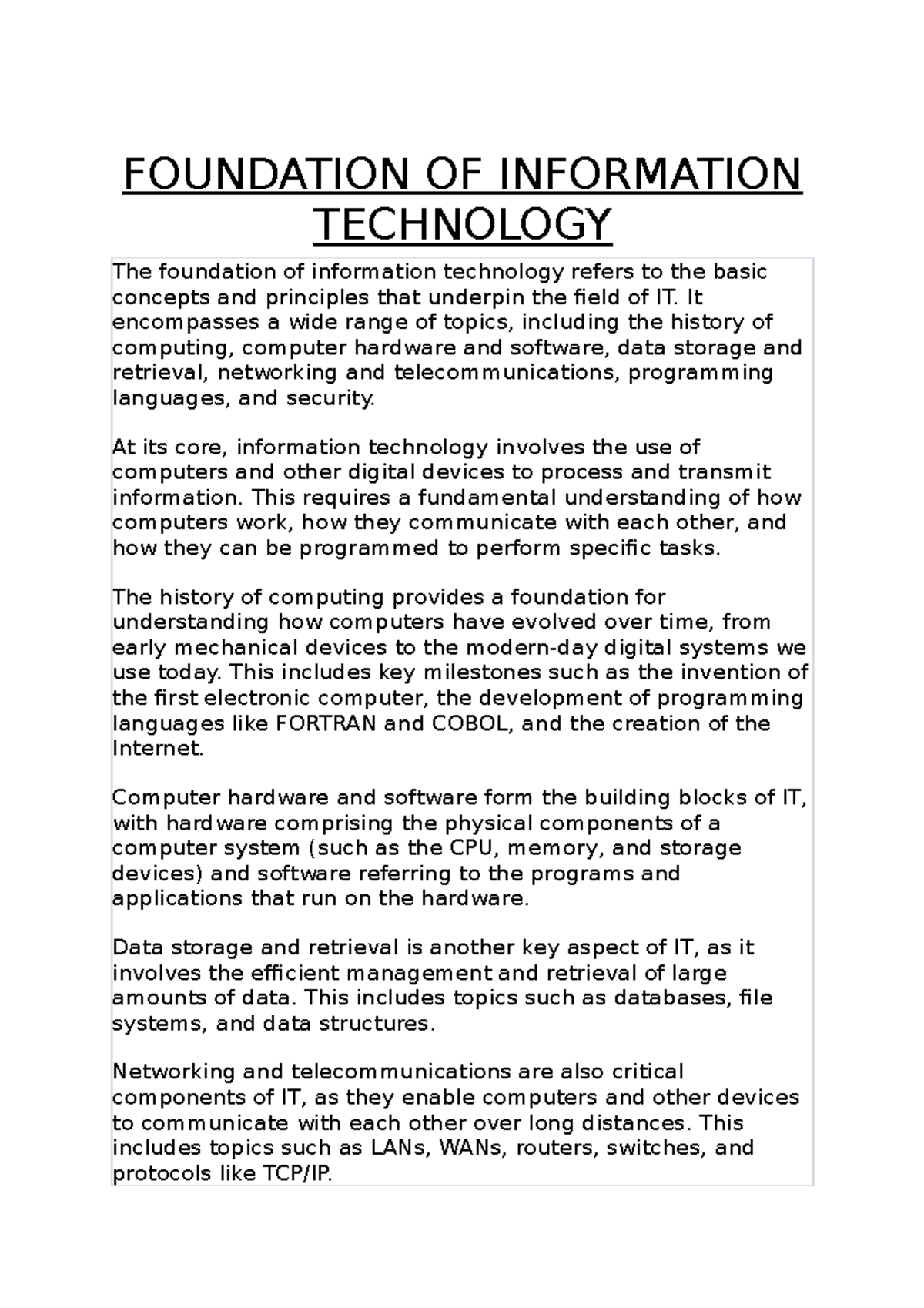 Foundation OF Information Technology - FOUNDATION OF INFORMATION ...