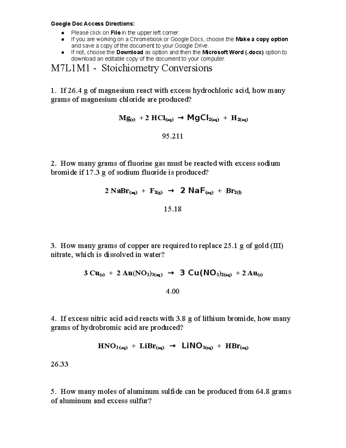 M7L1 Stoich Calculations 2023 - Google Doc Access Directions: Please ...