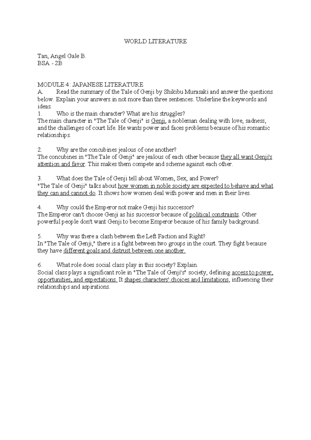 World Literature - WORLD LITERATURE Tan, Angel Gale B. BSA - 2B MODULE