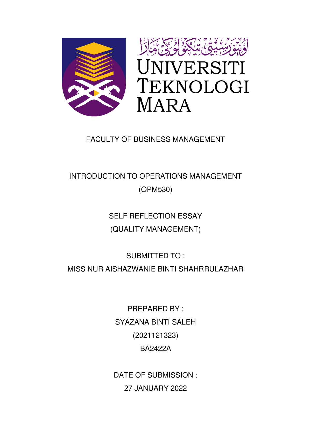 SELF Reflection Essay OPM530 - FACULTY OF BUSINESS MANAGEMENT ...