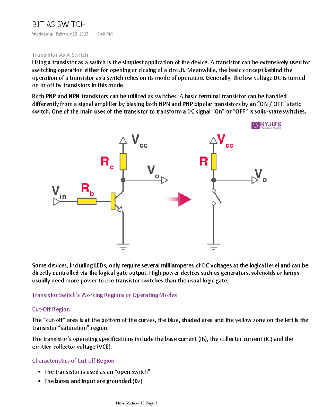BJT AS Switch A TRANSISTOR Transistor As A Switch Using a