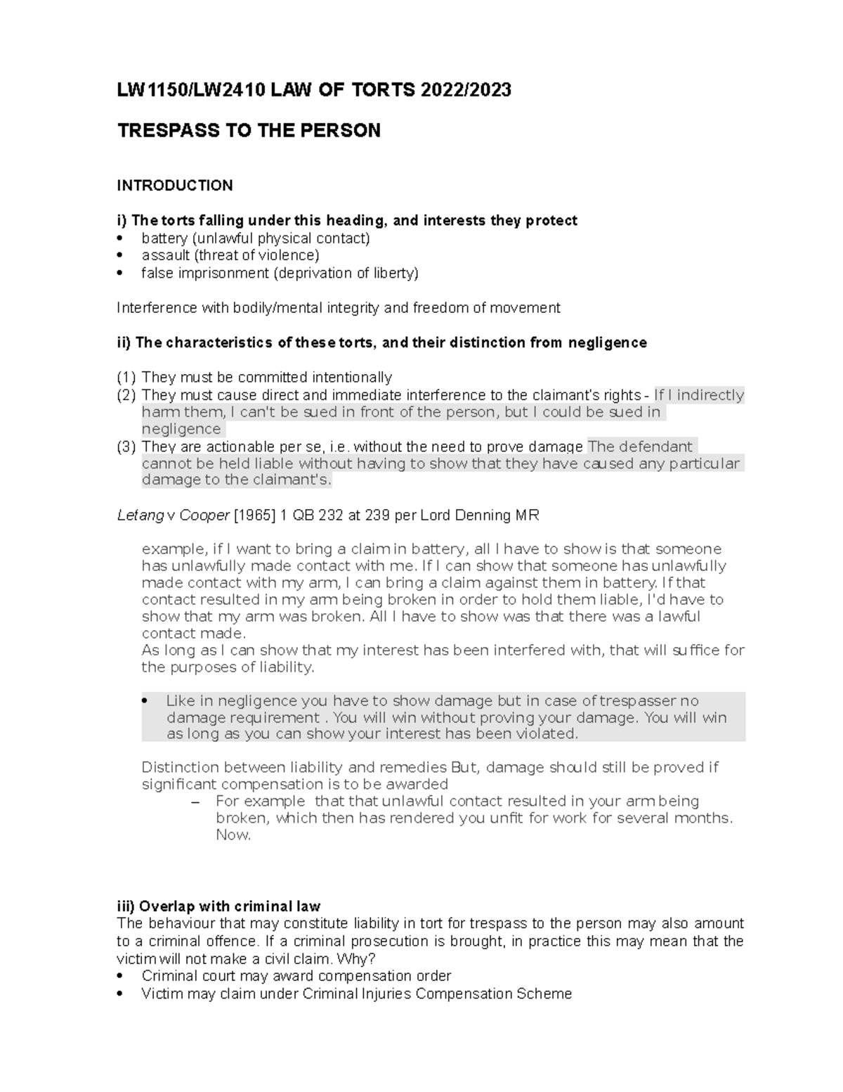 Trespass handout 2023 LW1150/LW2410 LAW OF TORTS 2022/ TRESPASS TO
