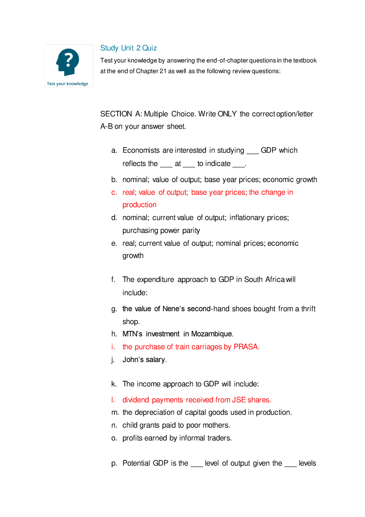 COEC121 Study Unit 2 Quiz-MEMO - Study Unit 2 Quiz Test Your Knowledge ...