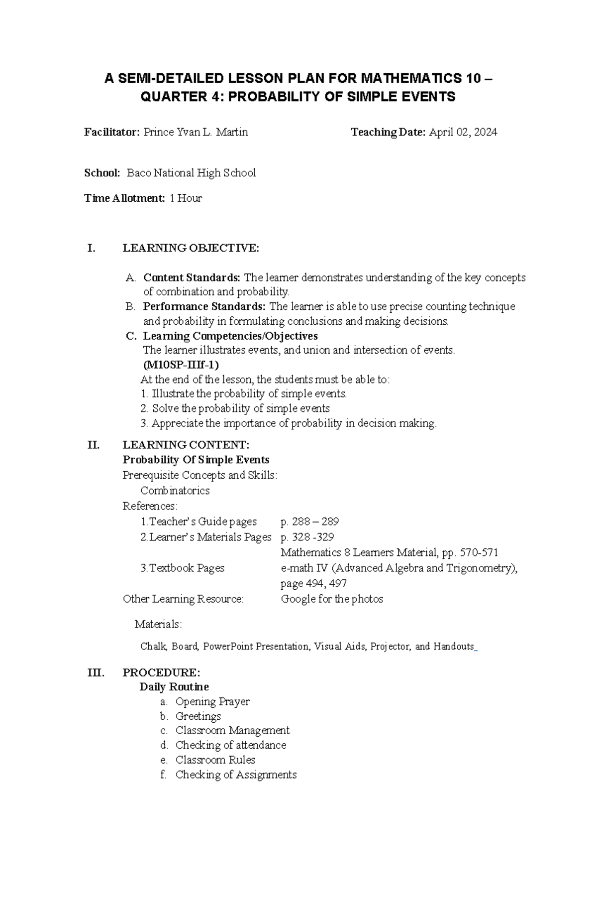 April 02 - Probability of Simple Events - A SEMI-DETAILED LESSON PLAN ...