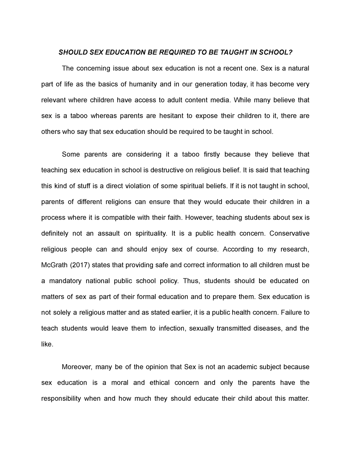 Argumentative Essay This Assignment Talks About The Concerning Issue About Sex Education Is