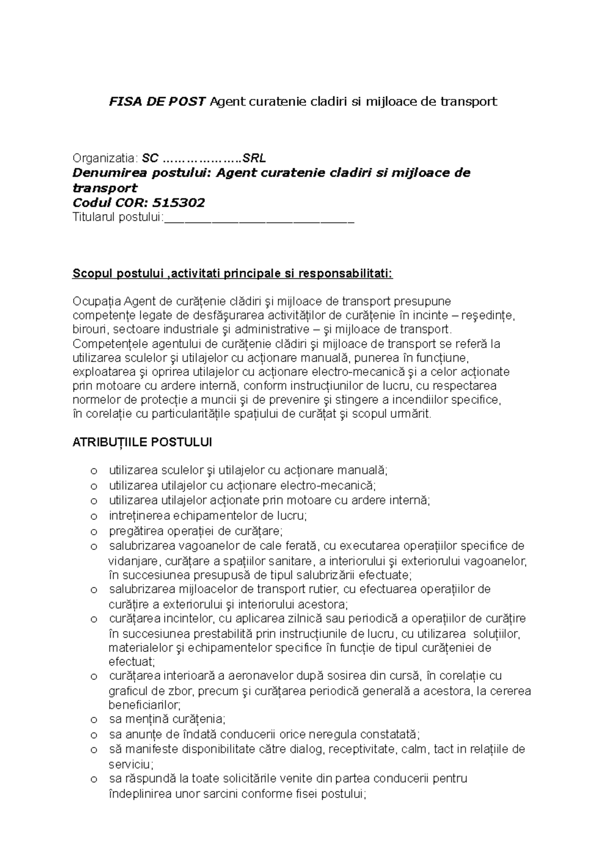 Fisa Post Fisa De Post FISA DE POST Agent Curatenie Cladiri Si 