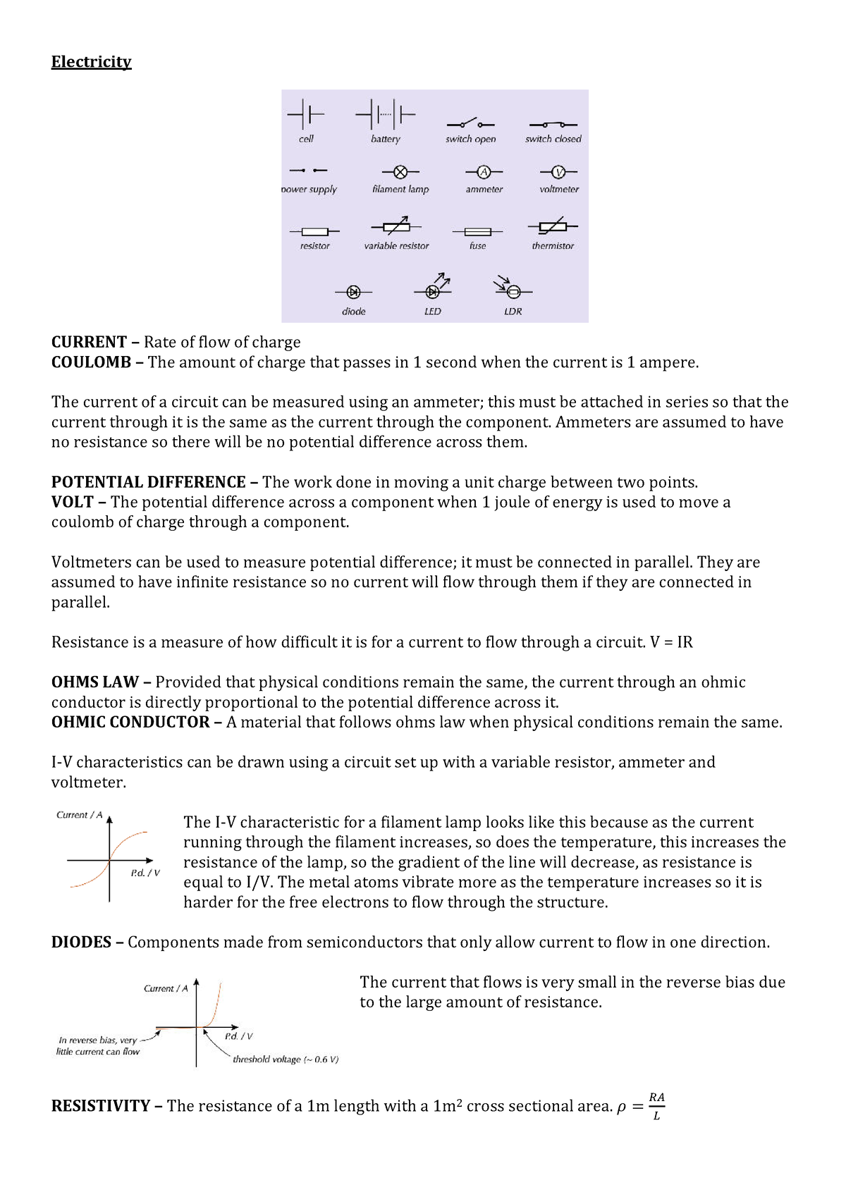 Electricity Aqa A Level Physics Electricity Current Rate Of Flow Of