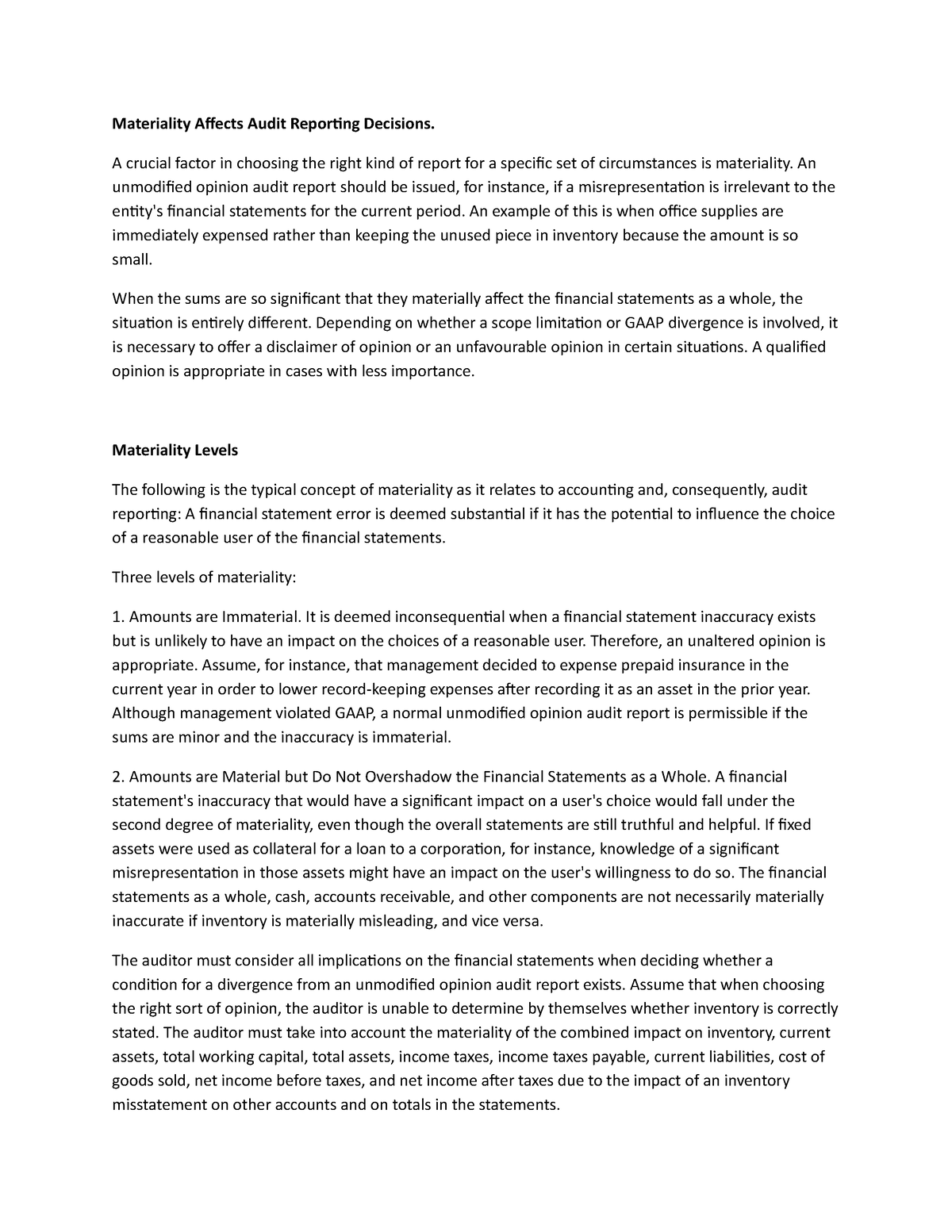 Materiality Levels - Materiality Affects Audit Reporting Decisions. A ...