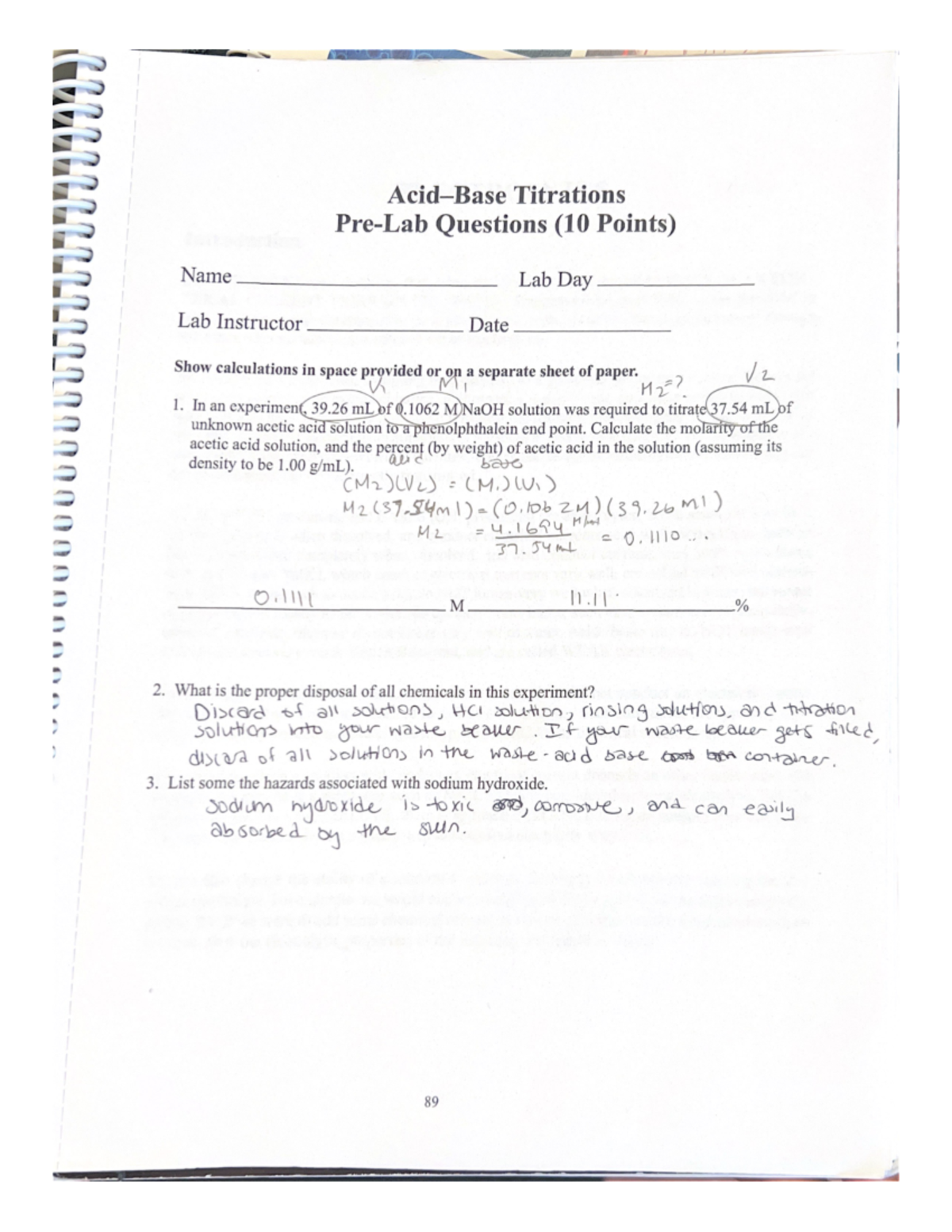 AcidBase Titrations prelab work CHEM 1161 Studocu