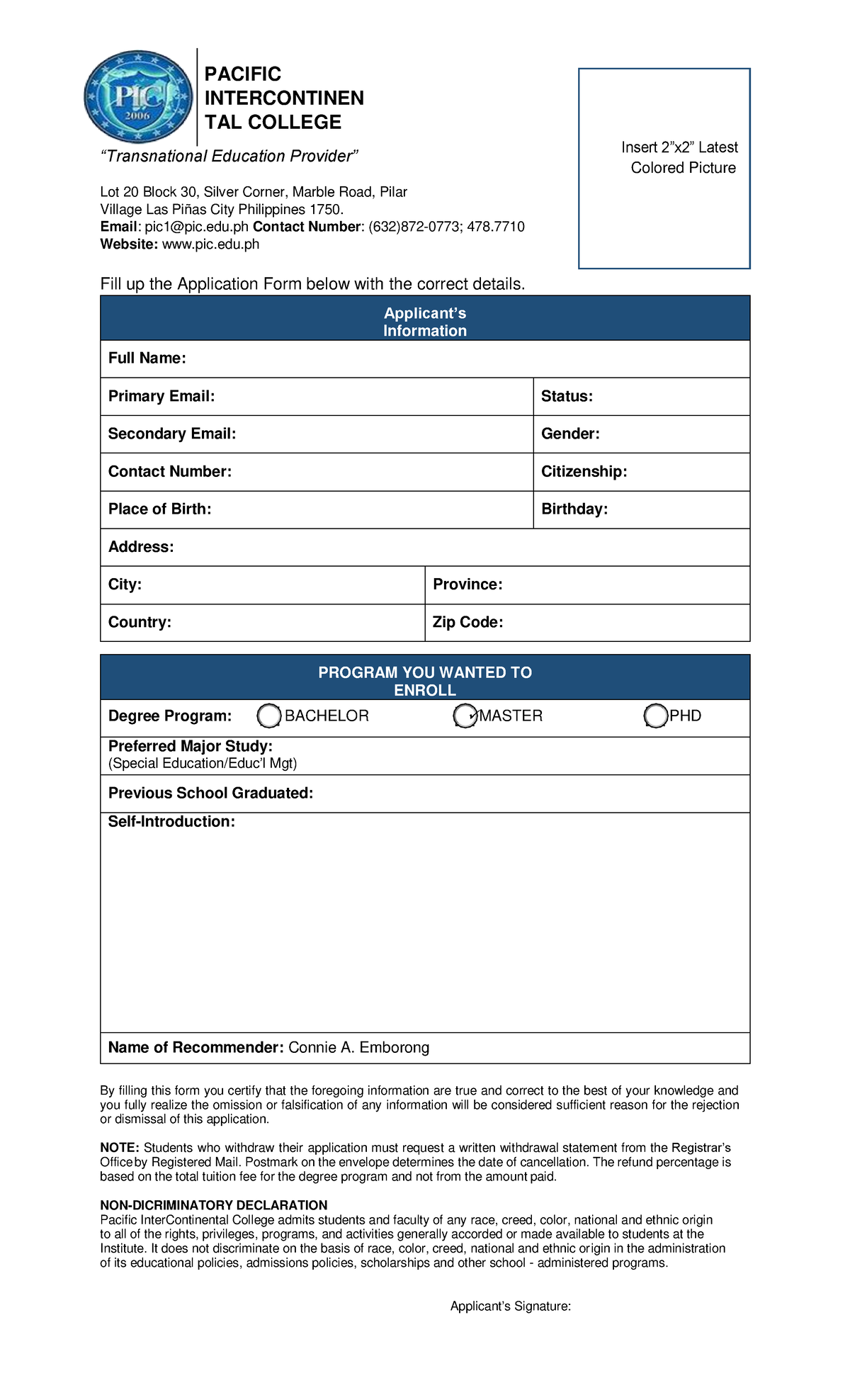 Enrollment-Form - form - PACIFIC INTERCONTINEN TAL COLLEGE ...