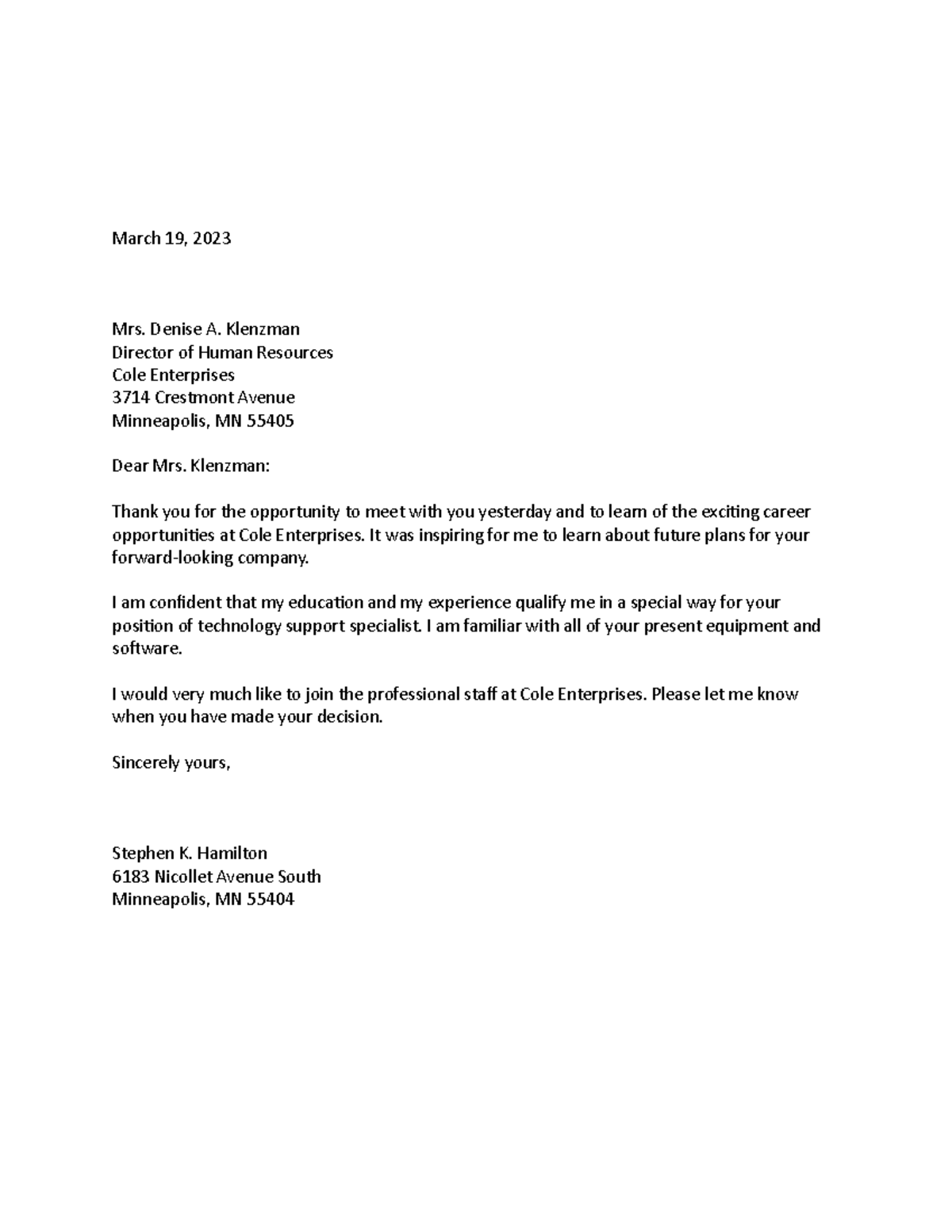 Sample thank you for interview letter - March 19, 2023 Mrs. Denise A ...