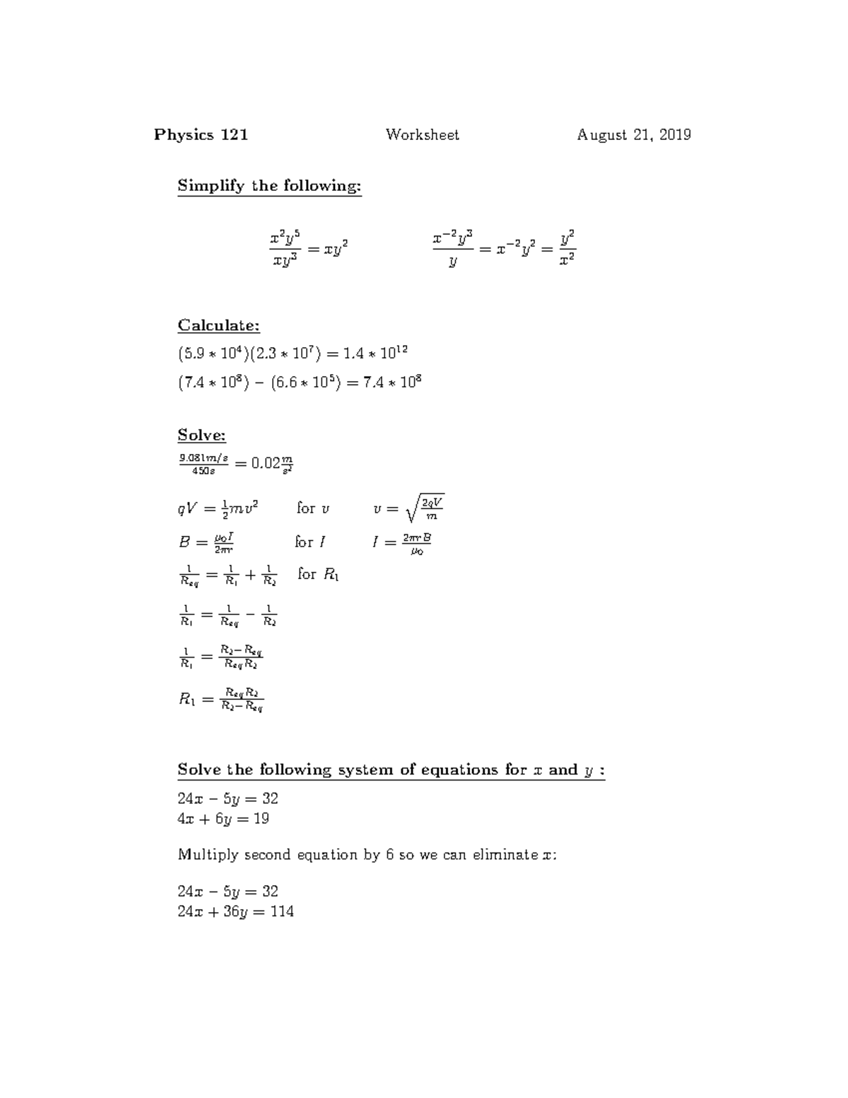 Worksheet #1 and Solutions - Physics 121 Worksheet August 21, 2019 ...