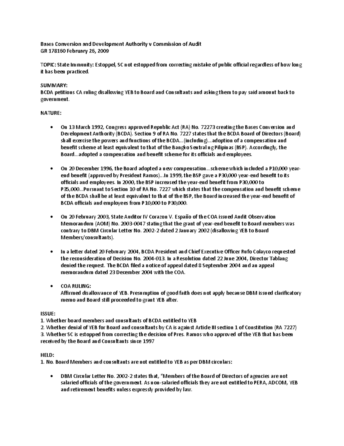 Case Digest BCDA vs. COA - Bases Conversion and Development Authority v ...