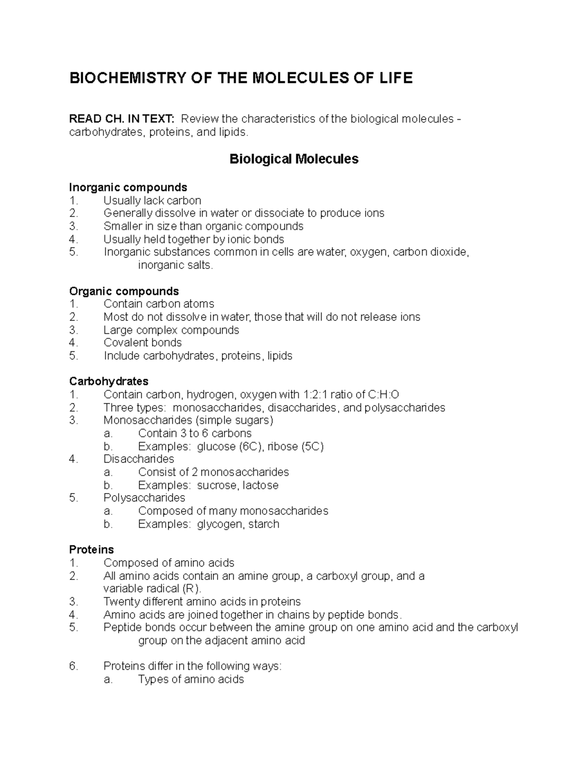 Biological molecules Lecture notes 1 BIOCHEMISTRY OF THE MOLECULES