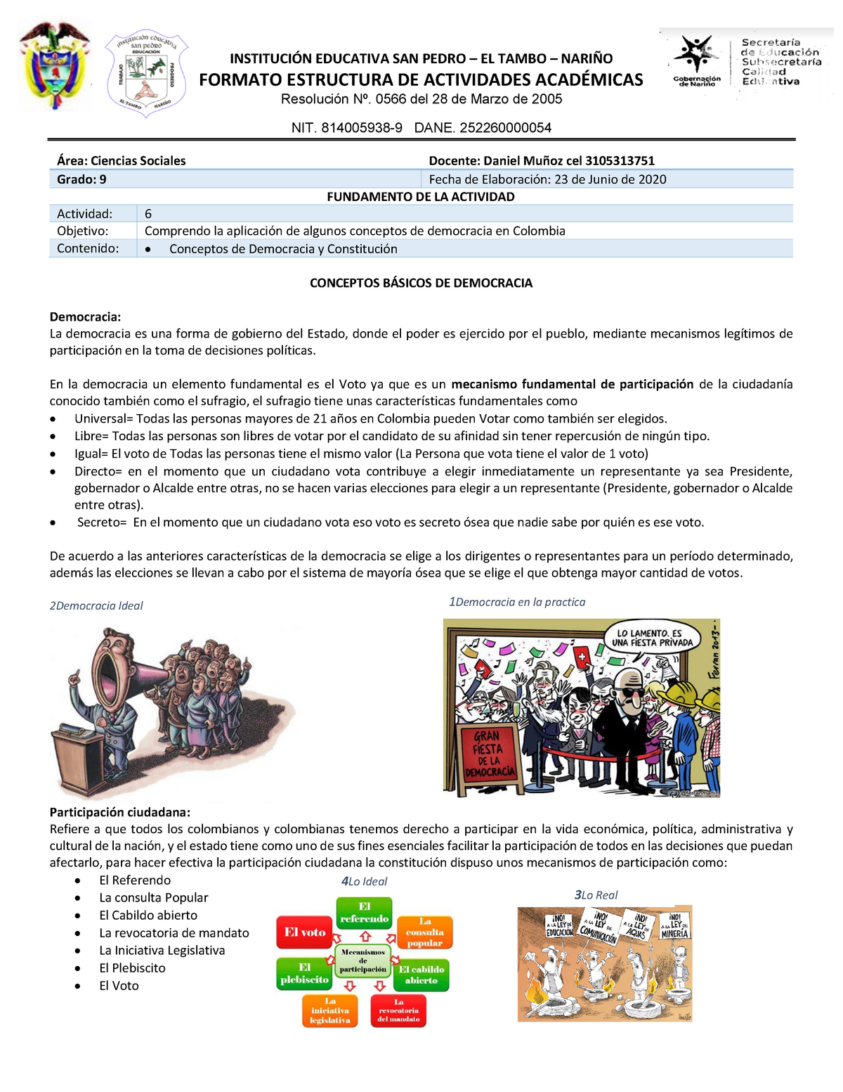 Concepto Democracia Guia 6 InstituciÓn Educativa San Pedro El Tambo NariÑo Formato 5176