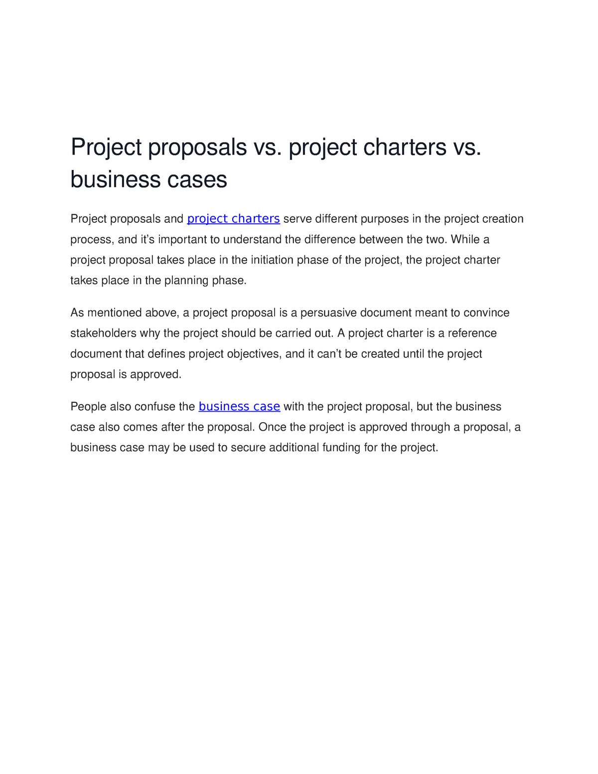 Project proposals vs project charters vs. business cases Proj ect