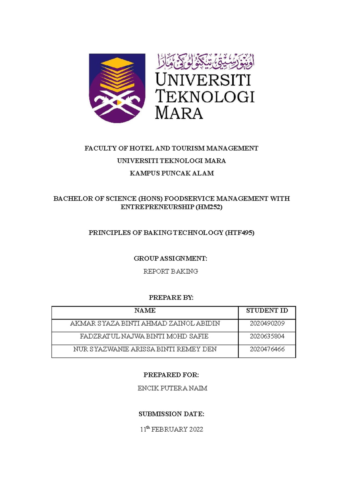 report of baking class during practical - FACULTY OF HOTEL AND TOURISM ...