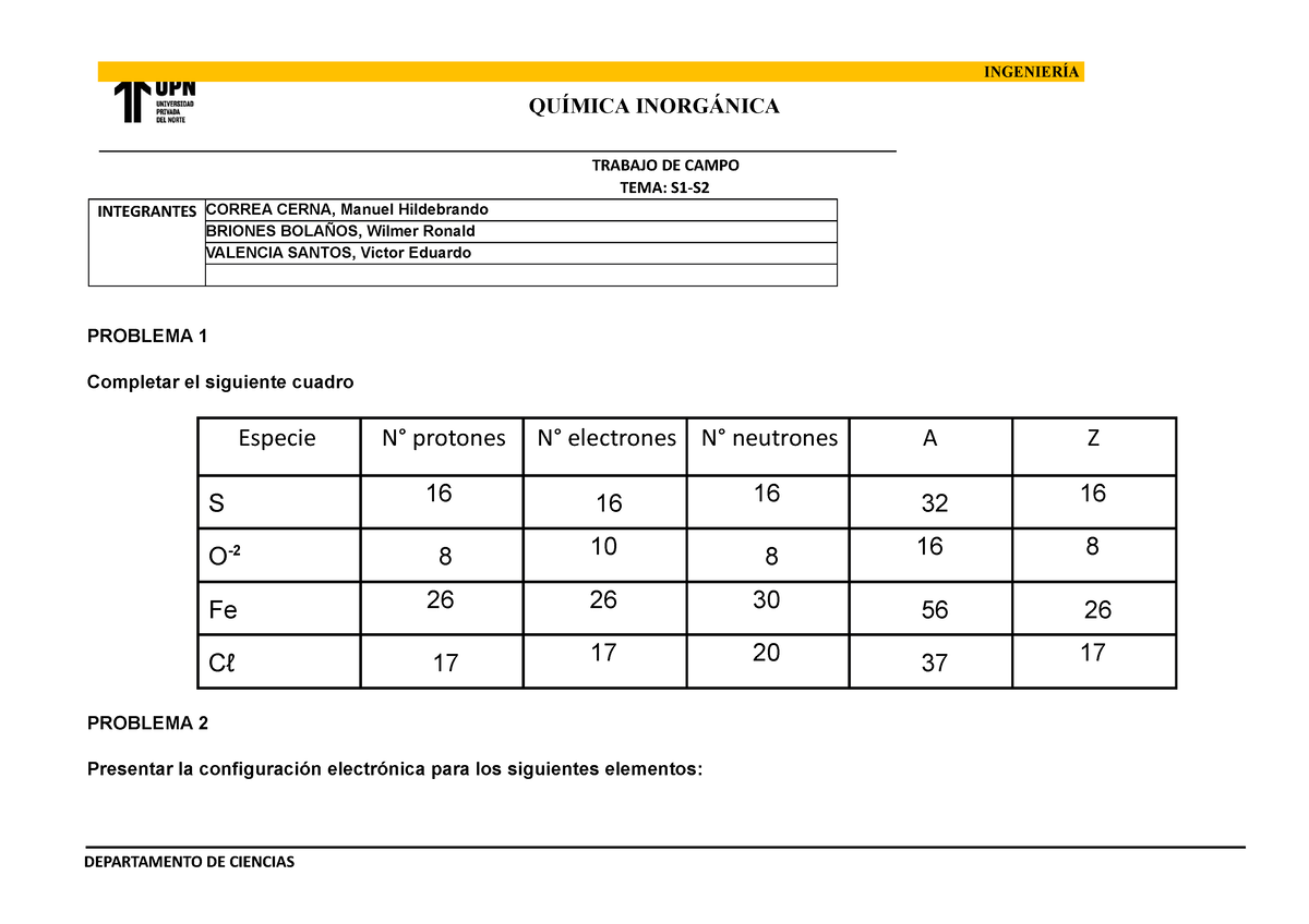 Trabajo DE Campo - PRACTICA CALIFICADA - QUÍMICA INORGÁNICA INGENIERÍA ...