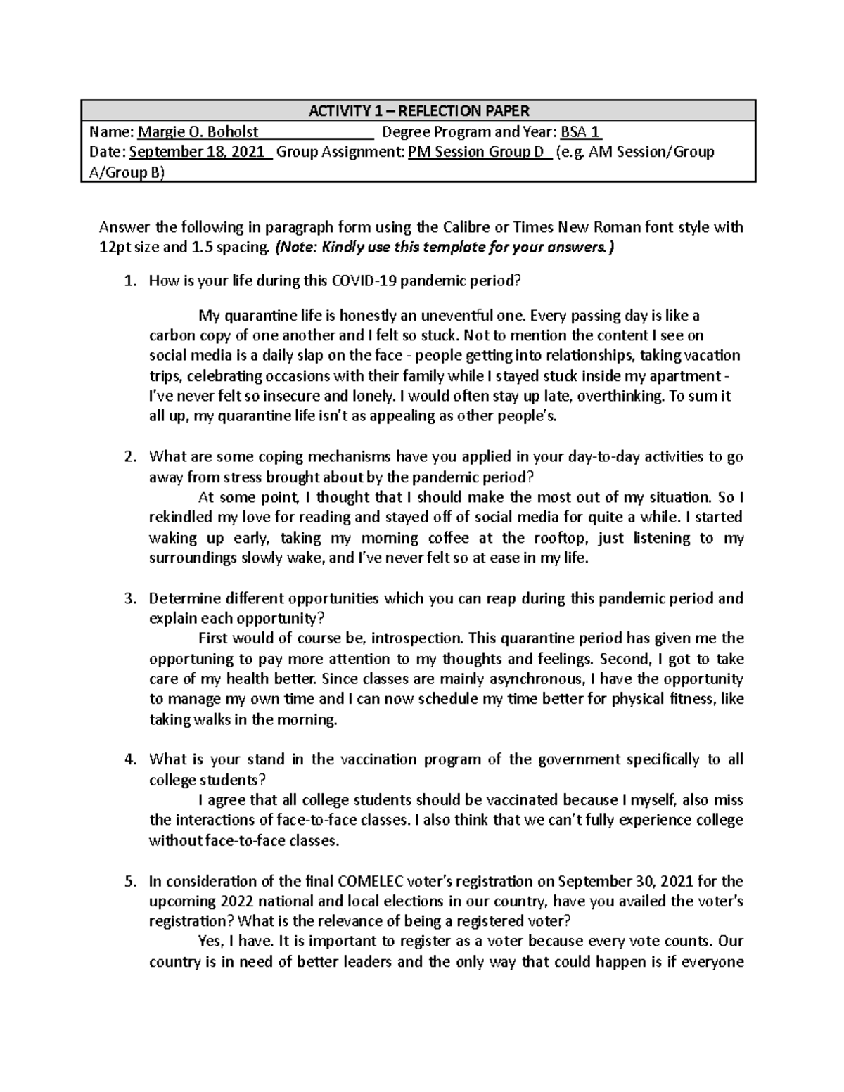 Reflection Paper on Civic Welfare Training Service CWTS 11 - ACTIVITY 1 ...
