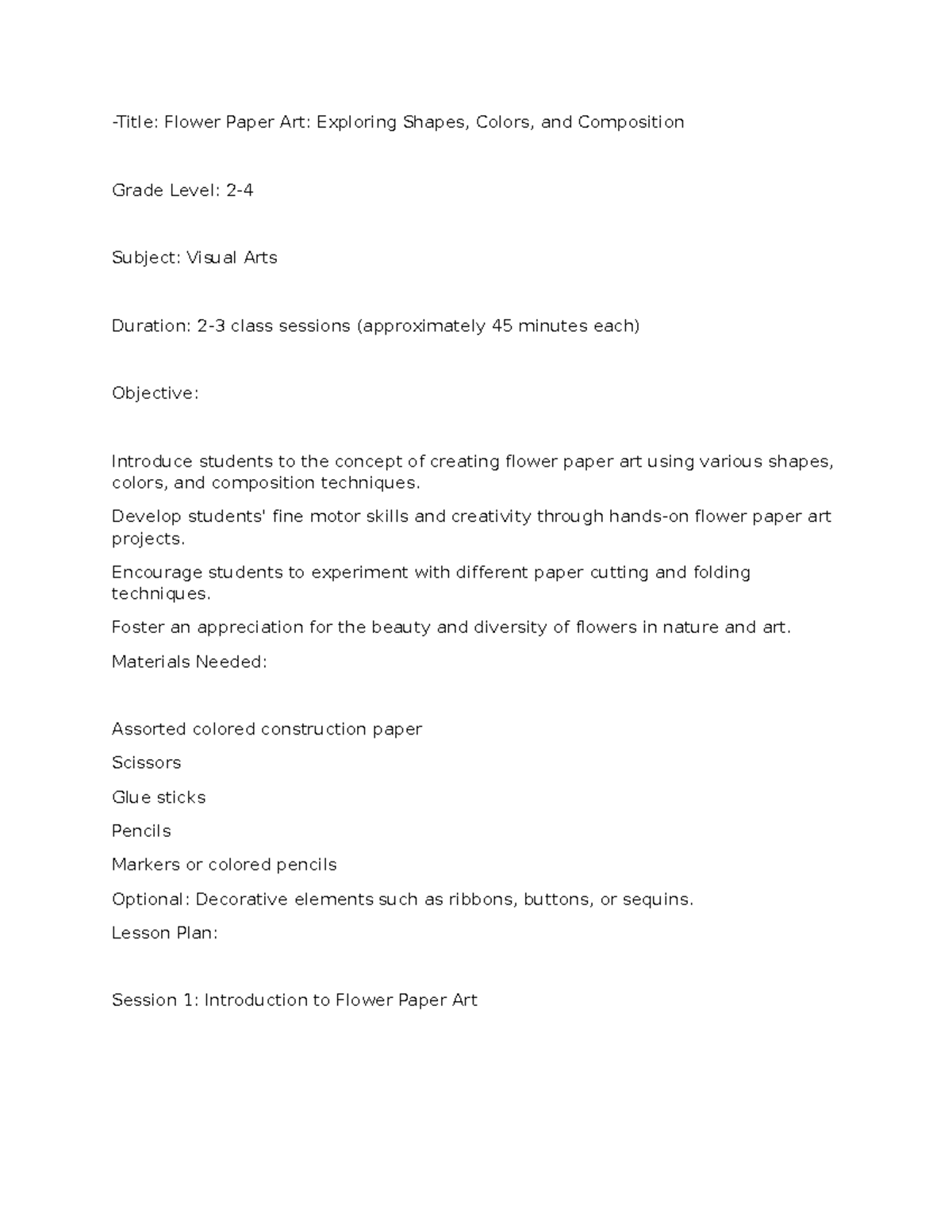 Lesson Plan Paper Art Title Flower Paper Art Exploring Shapes