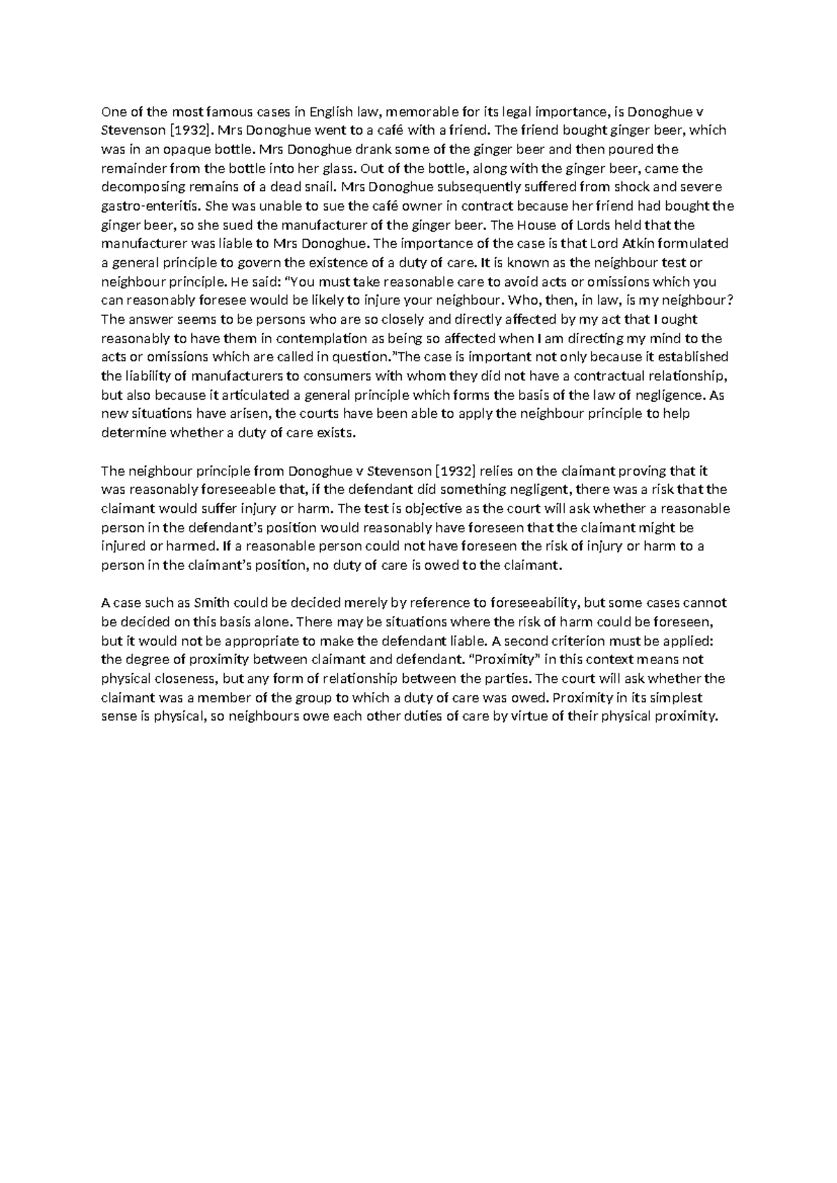 Evaluation points on Negligence One of the most famous cases in