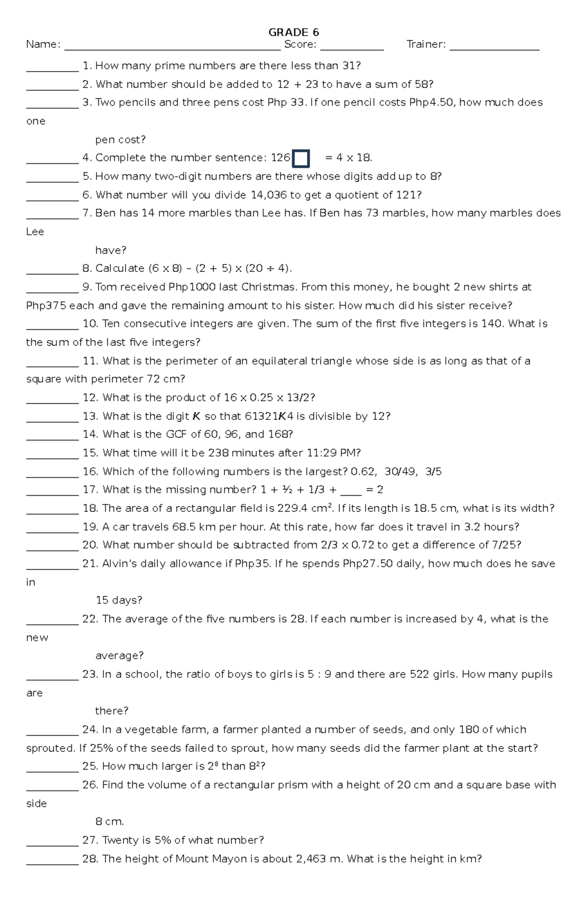 Mtapm Reviewer Grade 6 - GRADE 6 Name ...