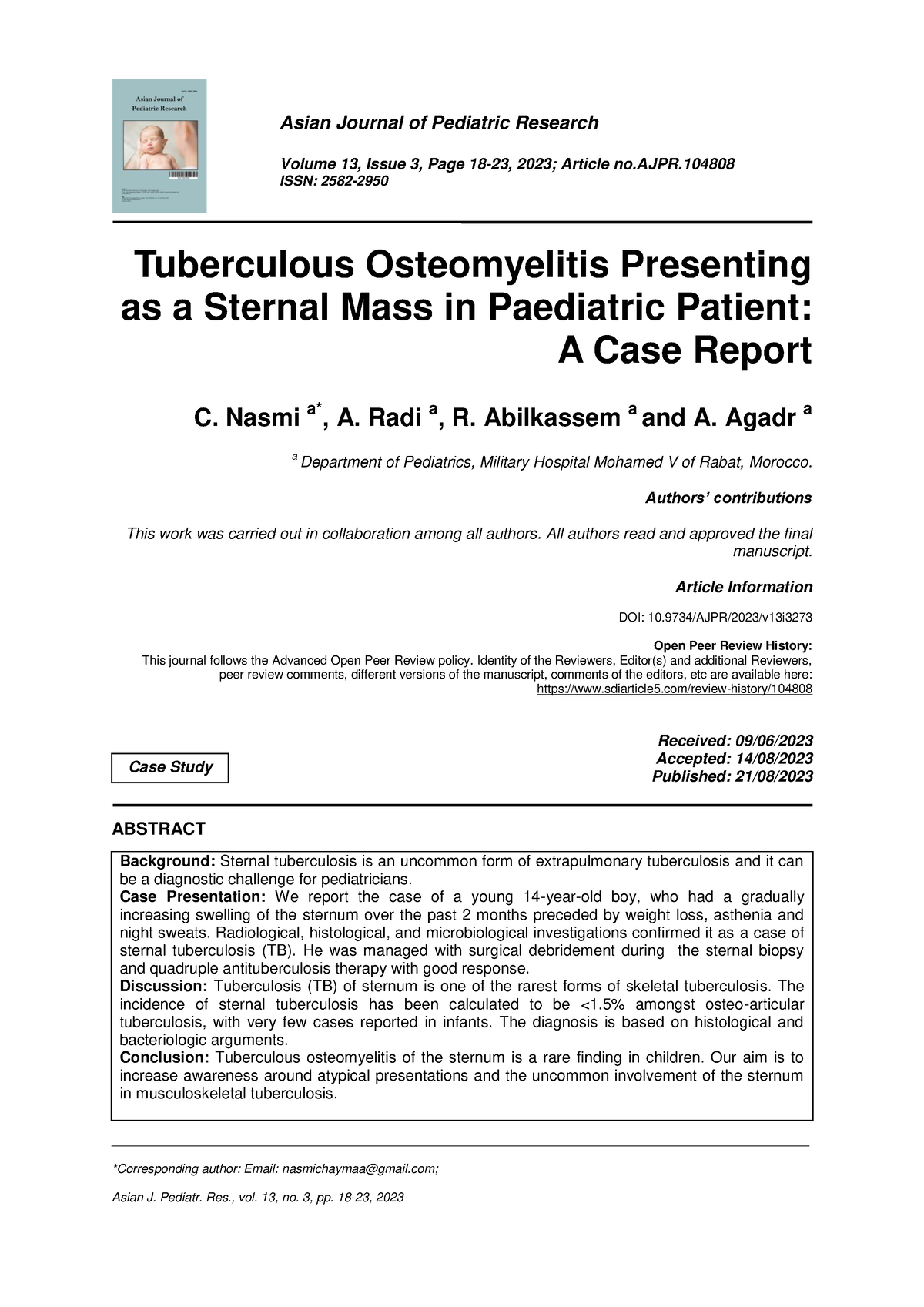 Tuberculous Osteomyelitis Presenting As A Sternal Mass In Paediatric Patient Corresponding