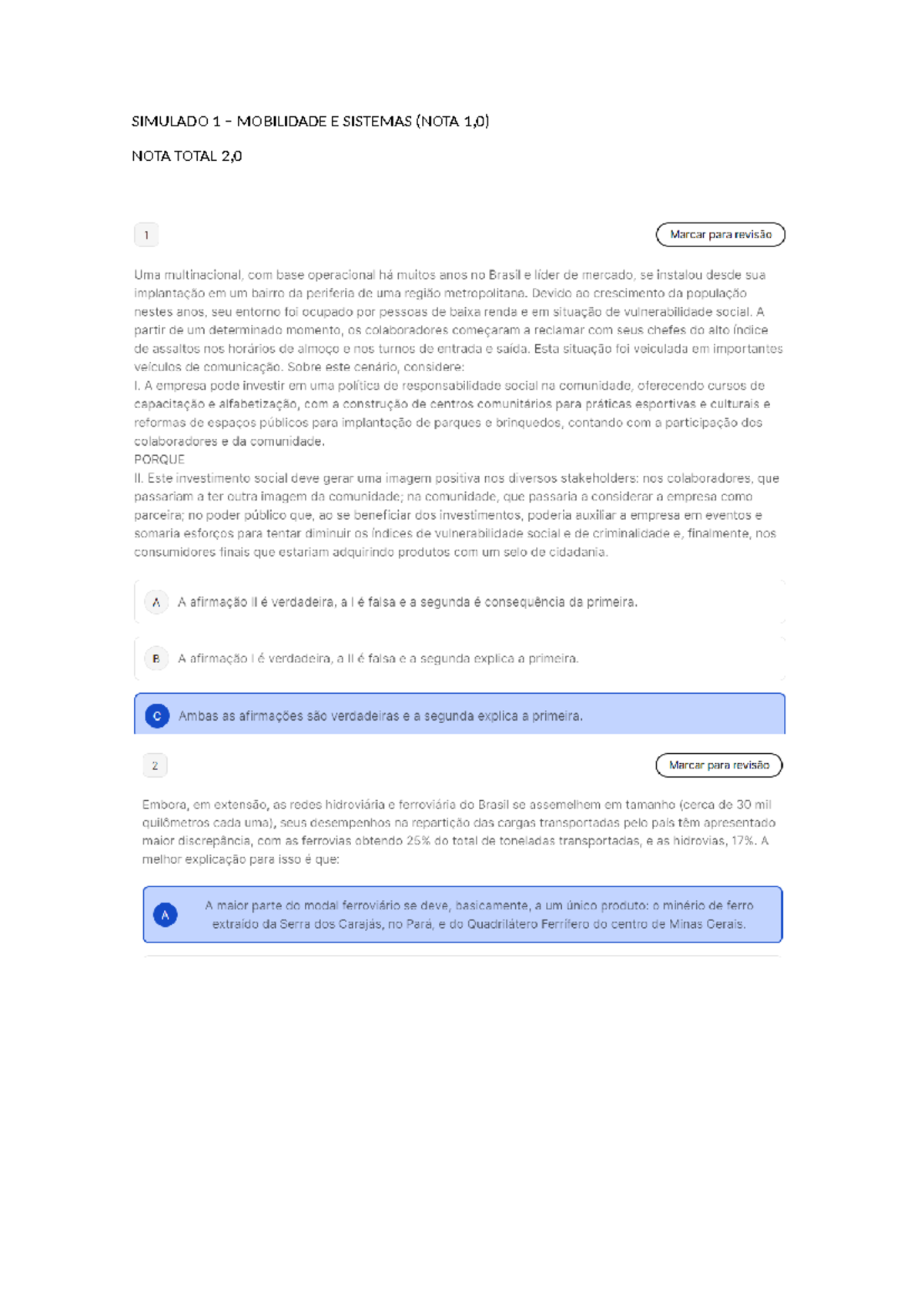 Simulado Mobilid NOTA 2 - Mobilidade E Sistemas De Transporte ...