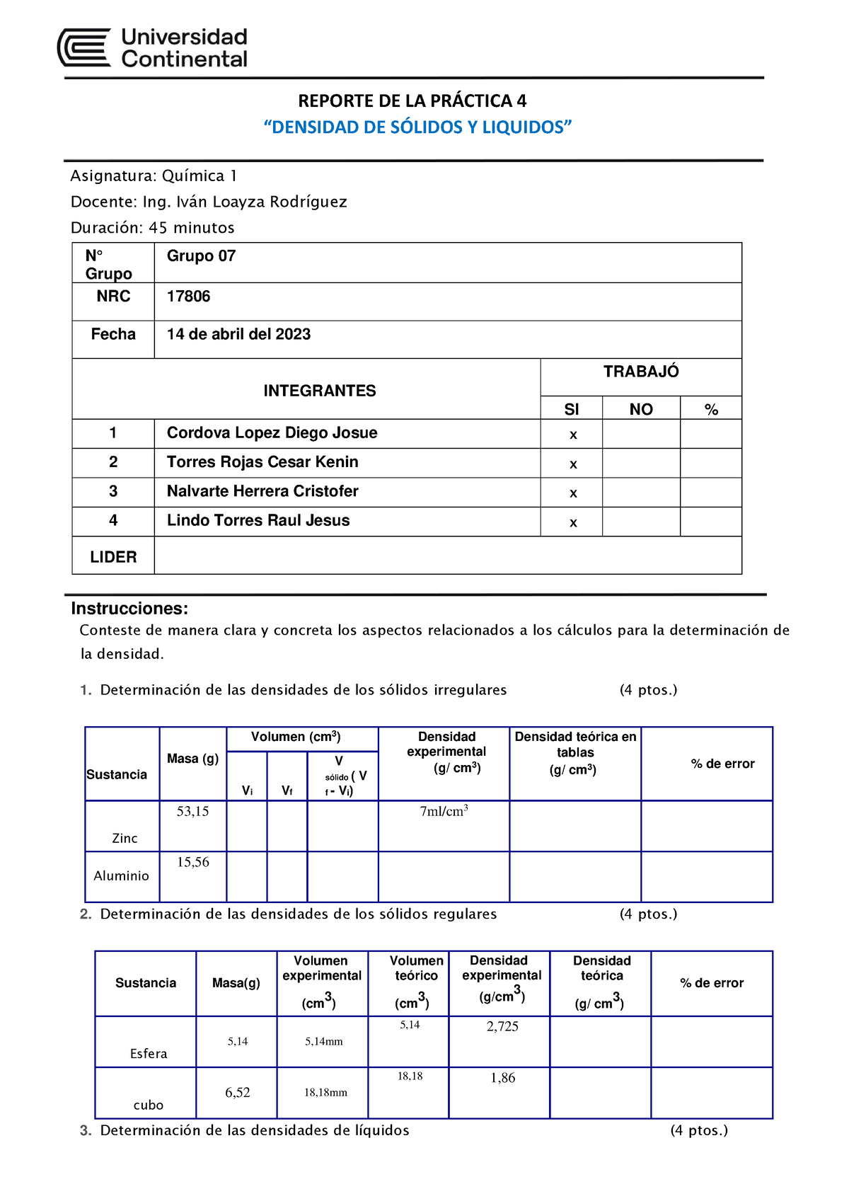 Semana 4 Reporte Densidad De Sólidos Y Líquidos Lab Química 1 2023