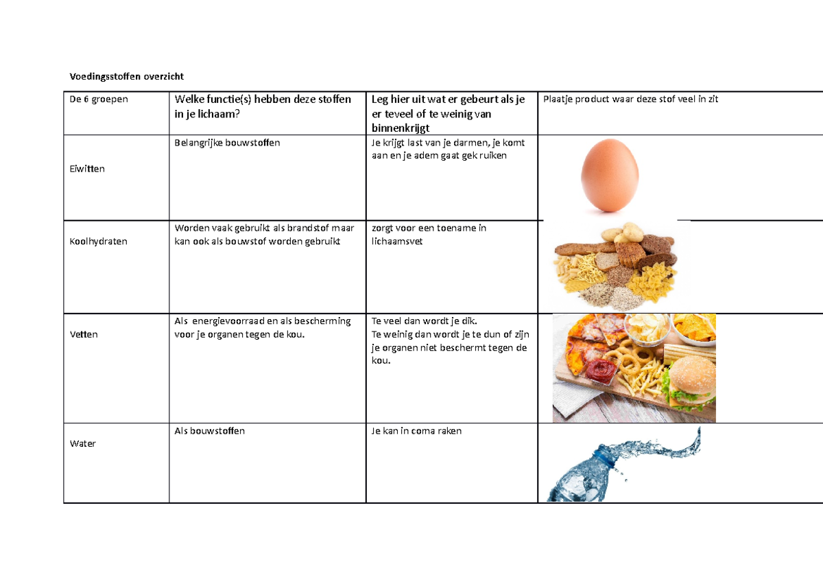 Voedingsstoffen Overzicht Invulschema Voedingsstoffen Overzicht De 6