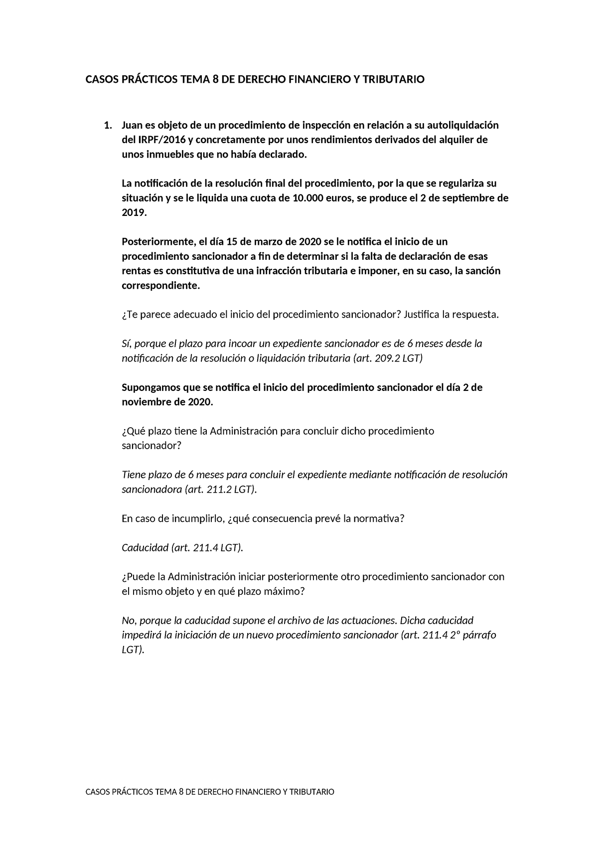 Casos Prácticos Tema 8 De Derecho Financiero Y Tributario Casos