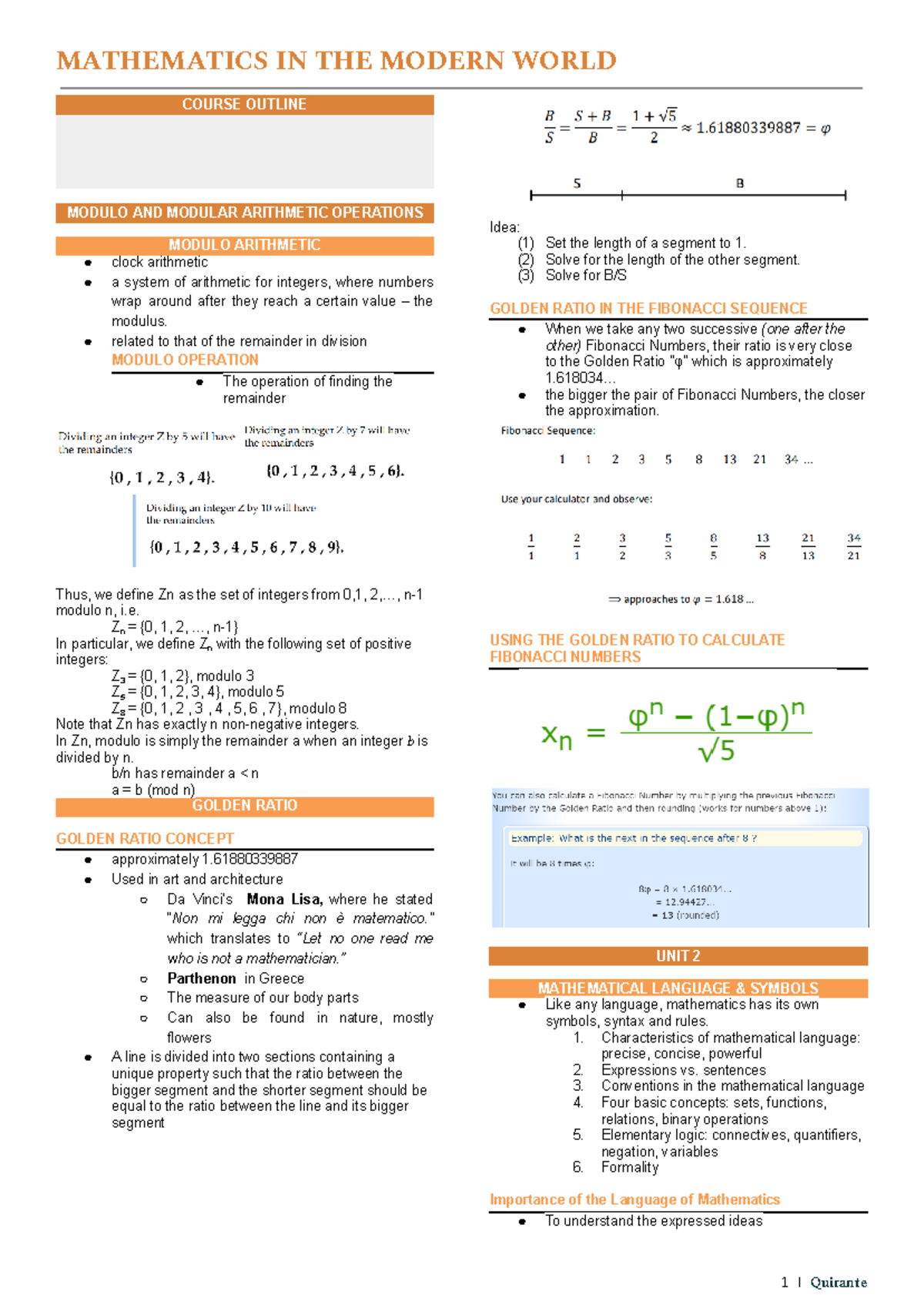 MMW COURSE OUTLINE MODULO AND MODULAR ARITHMETIC OPERATIONS MODULO