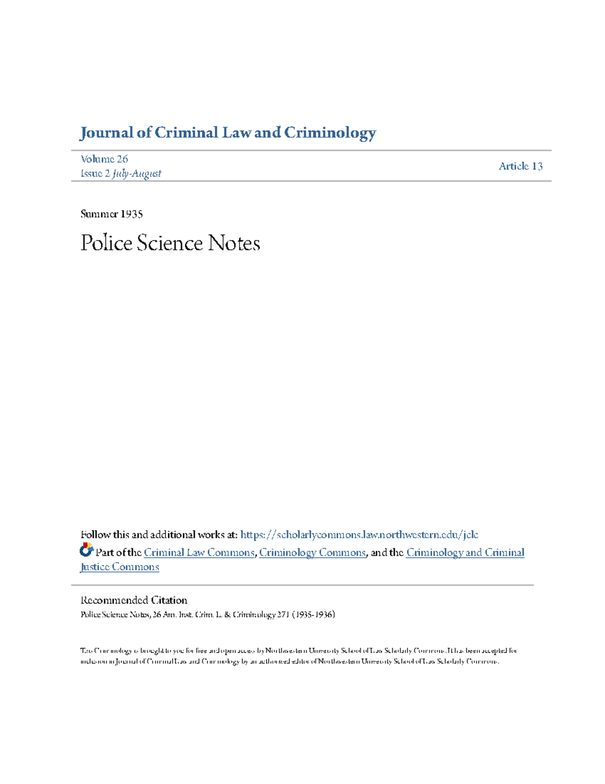 Police Science Notes - Journal of Criminal Law and Criminology Volume ...