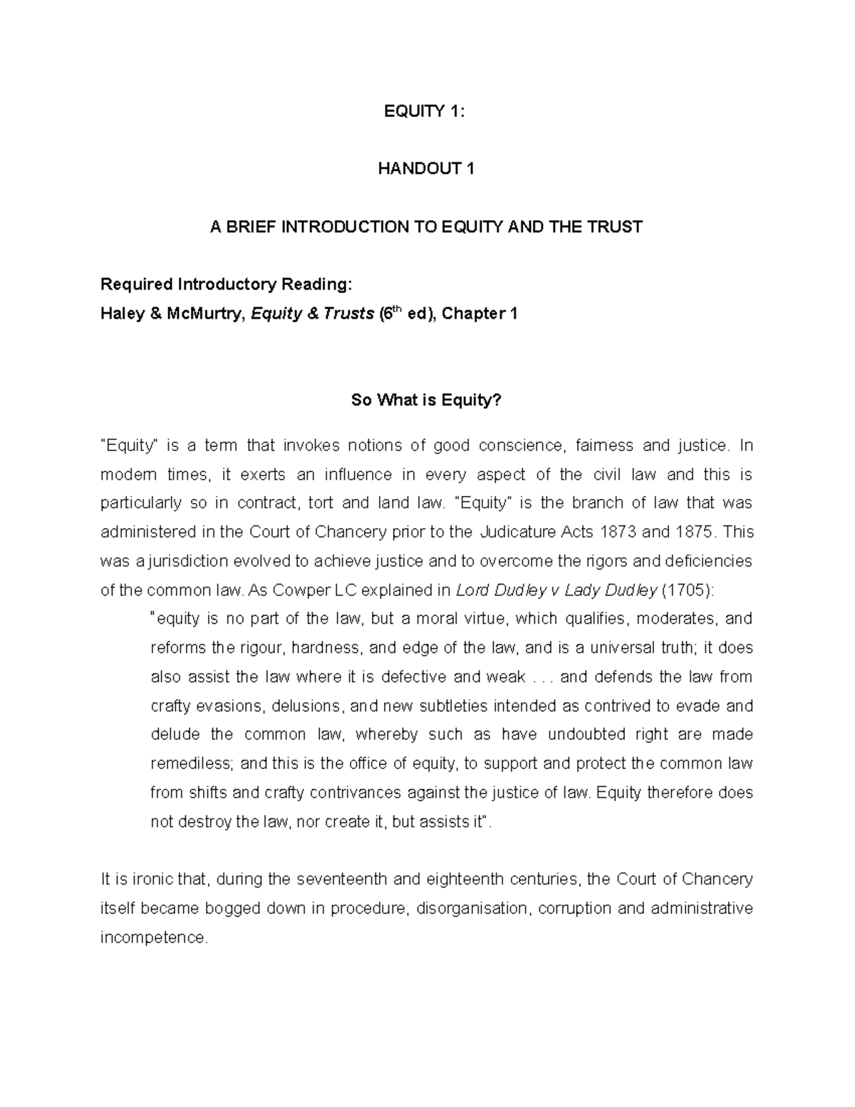 Topic 1 Handout Introduction to Equity and the Trust - EQUITY 1 ...