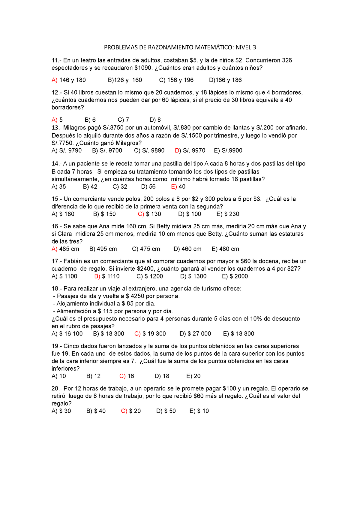 Problemas DE Razonamiento Matemático Nivel 3 - PROBLEMAS DE RAZONAMIENTO  MATEMÁTICO: NIVEL 3  En - Studocu