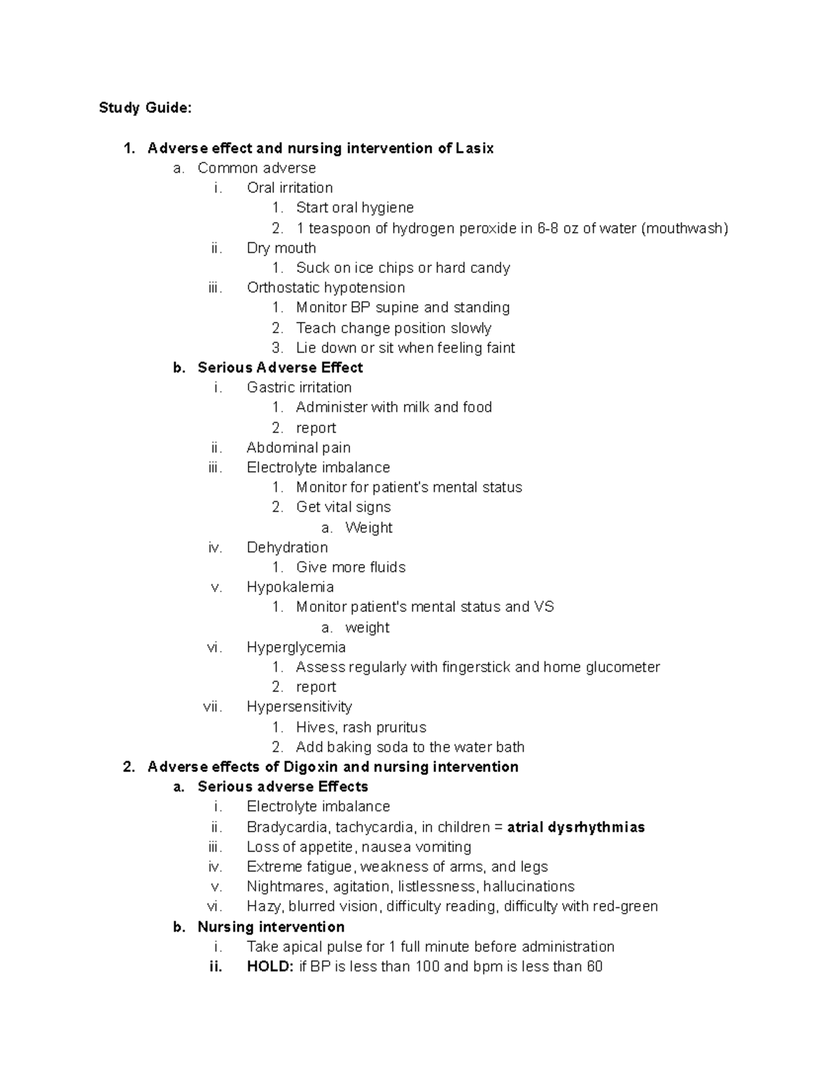 Study Guide for Meds - Study Guide: 1. Adverse effect and nursing ...