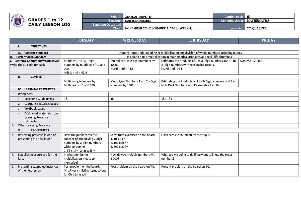 DLL Mathematics 3 Q2 W4 - sdfg - GRADES 1 to 12 DAILY LESSON LOG School ...