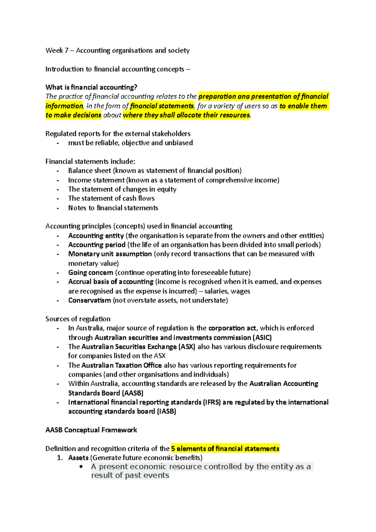 Week 7 - Introduction to financial accounting concepts. - Week 7 ...