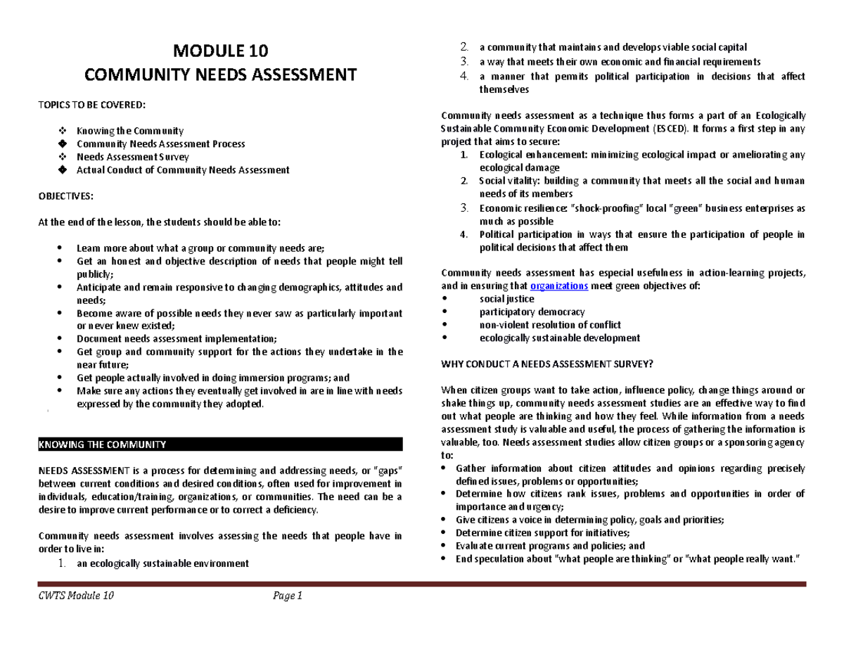 Module 10 Community Needs Assessment MODULE 10 COMMUNITY NEEDS